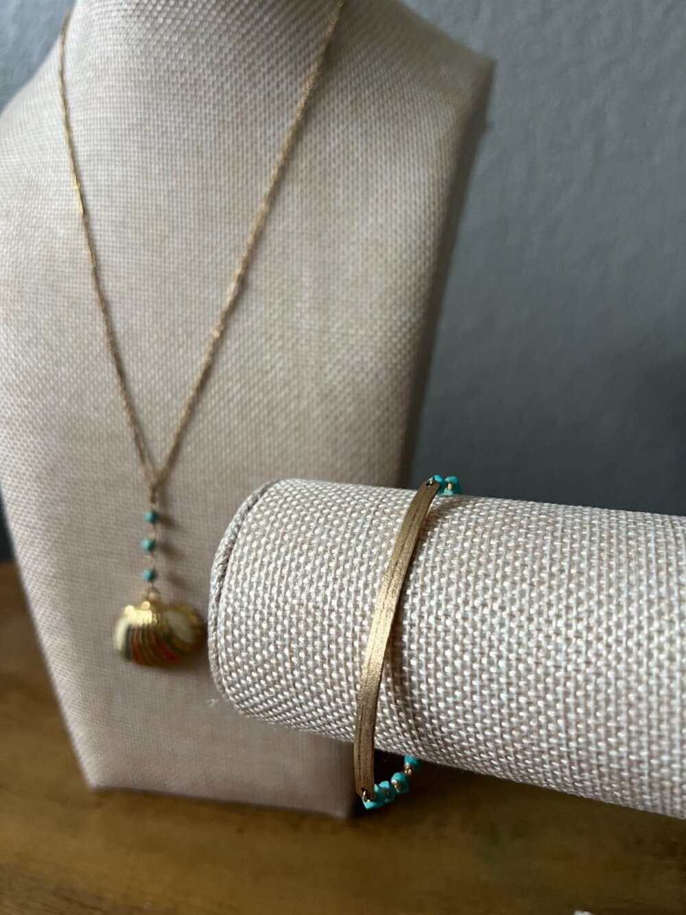 Vintage Blue Turquoise Beads Gold Fill Sea Shell Necklace & Gold Plate Bracelet